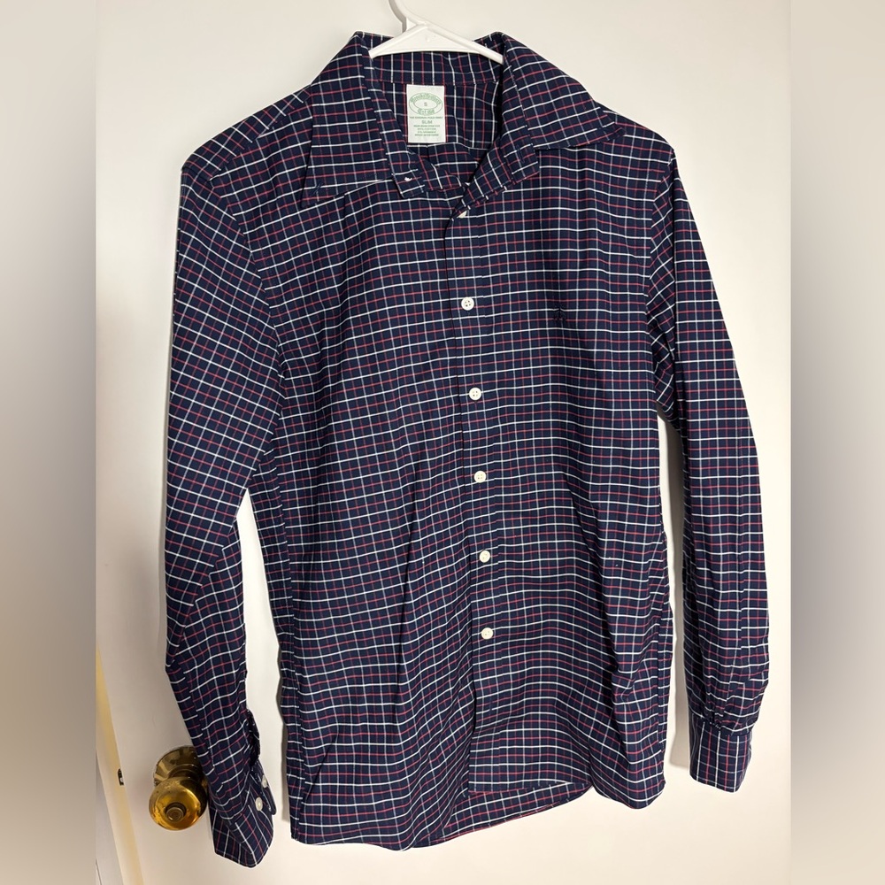 Brooks Brothers Navy Plaid Button Down | Small, Slim Fit